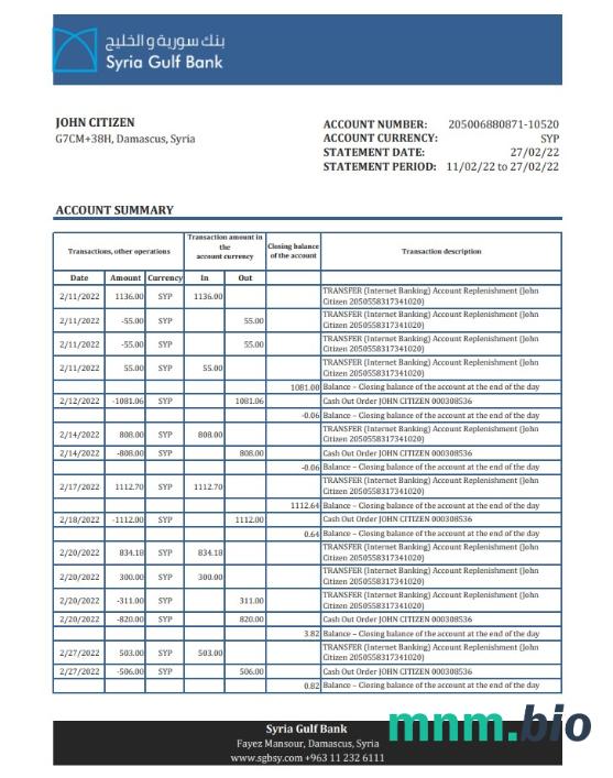 Syria Gulf Bank dowód adresu szablon oświadczenia w formacie Word i PDF,.doc i .format pdf